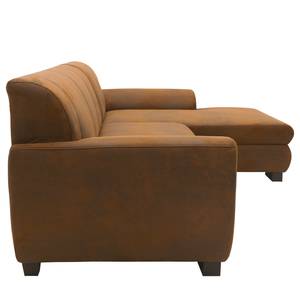 Hoekbank Lefroy met chaise longue antieke leerlook - Microvezel Medea: Bruin - Longchair vooraanzicht rechts - Zonder slaapfunctie