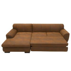 Hoekbank Lefroy met chaise longue antieke leerlook - Microvezel Medea: Bruin - Longchair vooraanzicht links - Met slaapfunctie