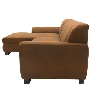 Ecksofa Lefroy mit Longchair Antiklederlook - Microfaser Medea: Braun - Longchair davorstehend links - Mit Schlaffunktion