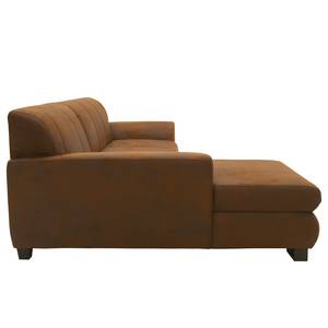 Hoekbank Lefroy met chaise longue antieke leerlook - Microvezel Medea: Bruin - Longchair vooraanzicht links - Met slaapfunctie