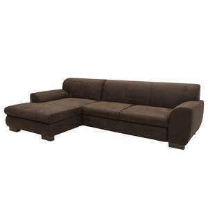 Hoekbank Lefroy met chaise longue antieke leerlook - Microvezel Medea: Donkerbruin - Longchair vooraanzicht links - Met slaapfunctie