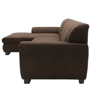 Hoekbank Lefroy met chaise longue antieke leerlook - Microvezel Medea: Donkerbruin - Longchair vooraanzicht links - Met slaapfunctie