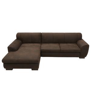 Hoekbank Lefroy met chaise longue antieke leerlook - Microvezel Medea: Donkerbruin - Longchair vooraanzicht links - Met slaapfunctie