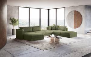 Wohnlandschaft Dixwell mit Hocker Cordstoff Lizza: Olive - Longchair davorstehend links / Ottomane rechts