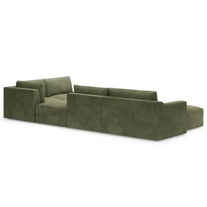 Wohnlandschaft Dixwell mit Hocker Cordstoff Lizza: Olive - Longchair davorstehend links / Ottomane rechts