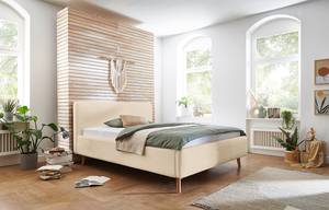 Letto imbottito MATTIS Tessuto / Legno massello di rovere - Bouclè Abby: Beige - 180 x 200cm - Senza rete a doghe