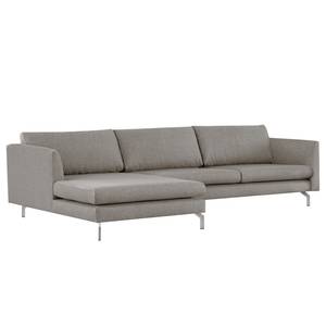 Ecksofa Kayena Webstoff - Webstoff Lark: Braungrau - Longchair davorstehend links - Chrom glänzend