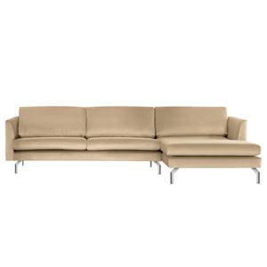 Hoekbank Kayena fluweel - Velours Sadia: Beige - Longchair vooraanzicht rechts - Chroomkleurig glanzend