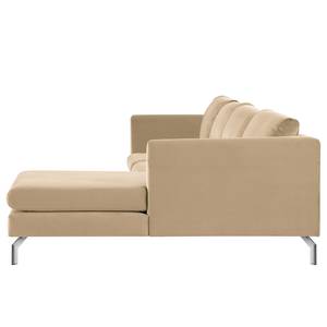 Hoekbank Kayena fluweel - Velours Sadia: Beige - Longchair vooraanzicht rechts - Chroomkleurig glanzend