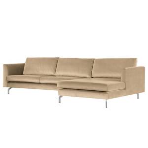 Ecksofa Kayena Samt - Samt Sadia: Beige - Longchair davorstehend rechts - Chrom glänzend