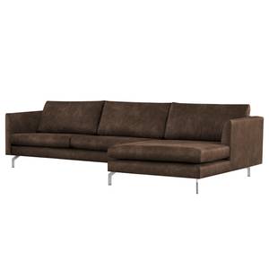 Ecksofa Kayena Antiklederlook - Microfaser Priya: Dunkelbraun - Longchair davorstehend rechts - Chrom glänzend