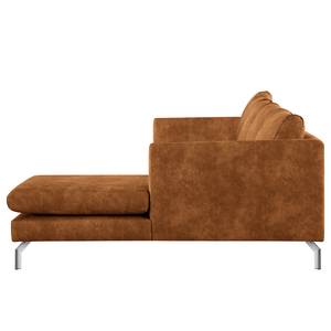 Ecksofa Kayena Antiklederlook - Microfaser Priya: Cognac - Longchair davorstehend rechts - Chrom glänzend