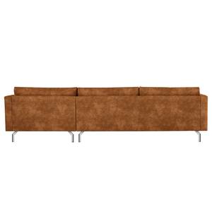 Ecksofa Kayena Antiklederlook - Microfaser Priya: Cognac - Longchair davorstehend rechts - Chrom glänzend