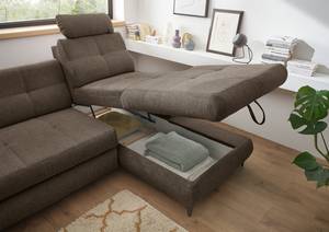 Hoekbank Sikalas met chaise longue Geweven stof Roge: Espresso - Longchair vooraanzicht rechts