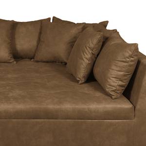 Canapé d’angle Pruno Aspect cuir vieilli - Microfibre Priya: Marron - Méridienne longue à droite (vue de face)