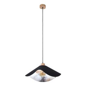 Suspension Hattu 1 ampoule Chêne massif / Tissu mélangé - Noir / Blanc - Diamètre : 50 cm