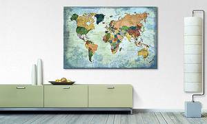 Quadro Old Worldmap One Abete massello / Tessuto misto - 80 x 120 cm - Turchese