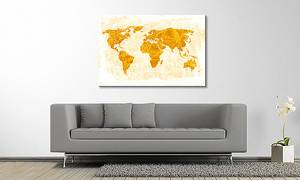 Impression sur toile Carte du monde Épicéa massif / Tissu mélangé - 80 x 120 cm - Orange / Beige