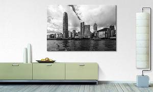 Afbeelding Hongkong Skyline massief sparrenhout/textielmix - 80 x 120 cm - Zwart/wit