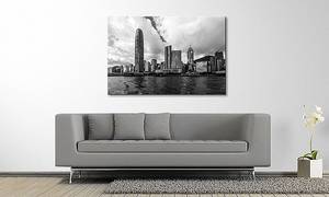 Afbeelding Hongkong Skyline massief sparrenhout/textielmix - 80 x 120 cm - Zwart/wit