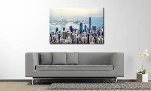 Leinwandbild Hongkong Skyline Fichte Massiv / Mischgewebe - 80 x 120 cm - Blau
