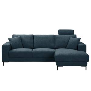 Hoekbank Arietta met chaise longue Geweven stof Cieli: Donkerblauw - Longchair vooraanzicht rechts