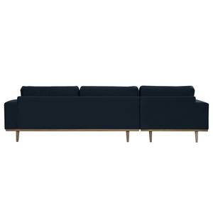 Hoekbank BOVLUND met chaise longue structuurstof - Velours Sadia: Donkerblauw - Longchair vooraanzicht links