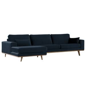 Hoekbank BOVLUND met chaise longue structuurstof - Velours Sadia: Donkerblauw - Longchair vooraanzicht links