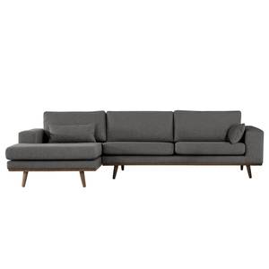 Hoekbank BOVLUND met chaise longue structuurstof - Velours Lark: Donkergrijs - Longchair vooraanzicht links