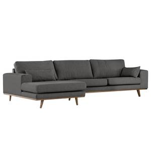 Hoekbank BOVLUND met chaise longue structuurstof - Velours Lark: Donkergrijs - Longchair vooraanzicht links