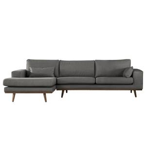 Hoekbank BOVLUND met chaise longue structuurstof - Structuurstof Otrera: Donkergrijs - Longchair vooraanzicht links