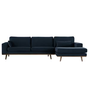 Hoekbank BOVLUND met chaise longue structuurstof - Velours Sadia: Donkerblauw - Longchair vooraanzicht rechts