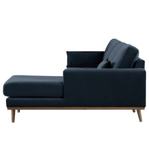 Hoekbank BOVLUND met chaise longue structuurstof - Velours Sadia: Donkerblauw - Longchair vooraanzicht rechts