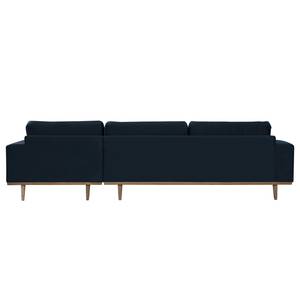 Hoekbank BOVLUND met chaise longue structuurstof - Velours Sadia: Donkerblauw - Longchair vooraanzicht rechts