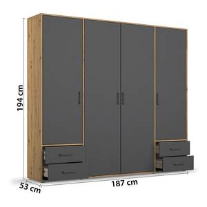 Armoire à portes battantes Voyager Gris métallisé / Imitation chêne Artisan - Largeur : 187 cm - Avec tiroirs