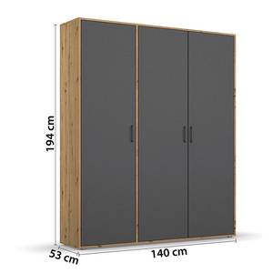 Armoire à portes battantes Voyager Gris métallisé / Imitation chêne Artisan - Largeur : 140 cm - Sans tiroir