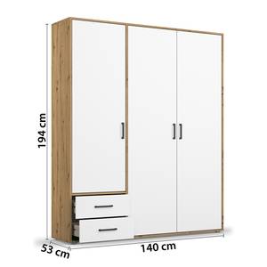 Armoire à portes battantes Voyager Blanc alpin / Imitation chêne Artisan - Largeur : 140 cm - Avec tiroirs