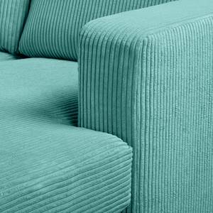 Canapé d’angle MAISON, fonction couchage Velours côtelé Poppy: Turquoise - Méridienne courte à droite (vue de face)