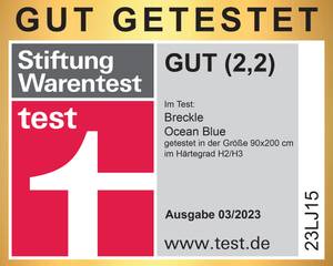 Matelas Ocean Blue Stiftung Warentest : Résultat du test « GOOD » (2.2), édition 03/2023, modèle Breckle Ocean Blue, taille testée 90 x 200 cm, dureté H2/H3 - 90 x 200cm