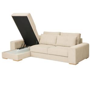 Hoekbank Gurabo met chaise longue geweven stof - Corduroy Lola: Crèmekleurig - Longchair vooraanzicht links