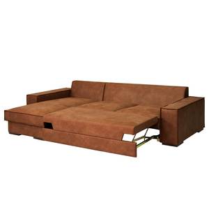 Hoekbank Gurabo met chaise longue geweven stof - Microvezel Yaka: Cognackleurig - Longchair vooraanzicht links