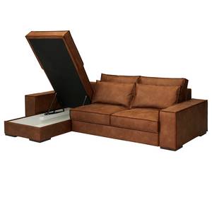 Hoekbank Gurabo met chaise longue geweven stof - Microvezel Yaka: Cognackleurig - Longchair vooraanzicht links