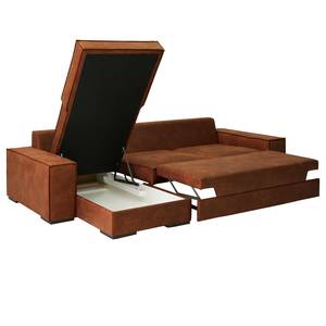 Hoekbank Gurabo met chaise longue geweven stof - Microvezel Yaka: Cognackleurig - Longchair vooraanzicht links