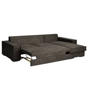 Hoekbank Gurabo met chaise longue geweven stof - Microvezel Yaka: Zwart-Bruin - Longchair vooraanzicht rechts