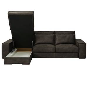 Hoekbank Gurabo met chaise longue geweven stof - Microvezel Yaka: Zwart-Bruin - Longchair vooraanzicht links