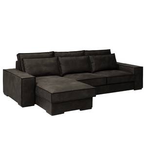 Hoekbank Gurabo met chaise longue geweven stof - Microvezel Yaka: Zwart-Bruin - Longchair vooraanzicht links