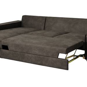 Hoekbank Gurabo met chaise longue geweven stof - Microvezel Yaka: Zwart-Bruin - Longchair vooraanzicht links