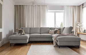 Wohnlandschaft Sagata Cordstoff Onika: Grau - Longchair davorstehend links / Ottomane rechts - Schlaffunktion - Bettkasten