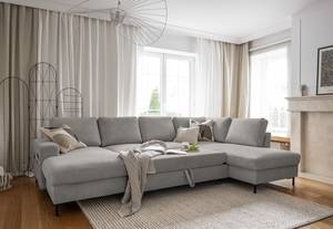 Wohnlandschaft Sagata Cordstoff Onika: Grau - Longchair davorstehend links / Ottomane rechts - Schlaffunktion - Bettkasten