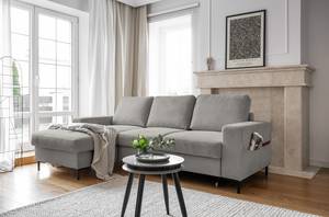 Ecksofa Sagata mit Longchair Cordstoff Onika: Grau - Longchair davorstehend links - Mit Schlaffunktion